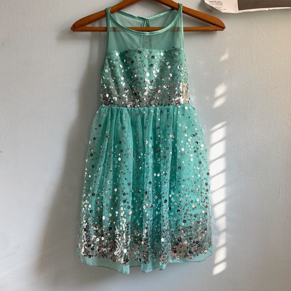sequin graduation dresses Glitter-Print Long Prom Dress with Sheer Waist Smoky Blue / 4